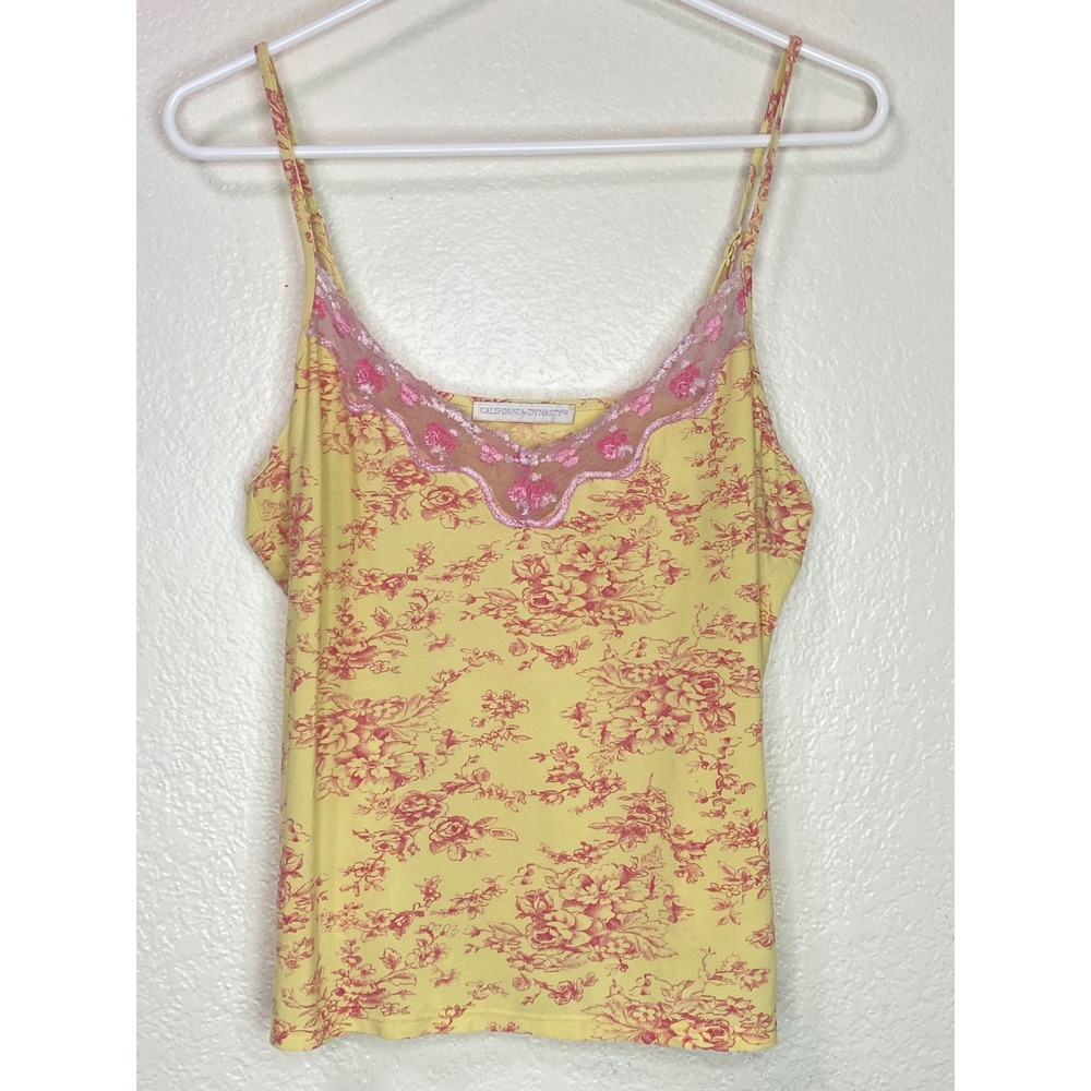 Vintage Y2K California Dynasty Dainty Fairy Floral Toile Lace Trim Camisole Top